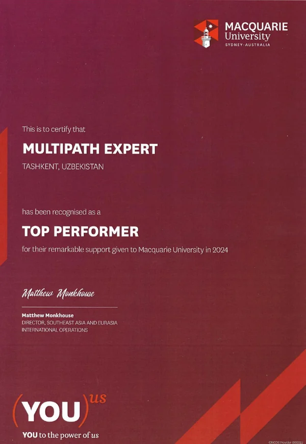 Macquarie University Top Performer 2024 sertifikati &mdash; MultiPath Expert, Toshkent